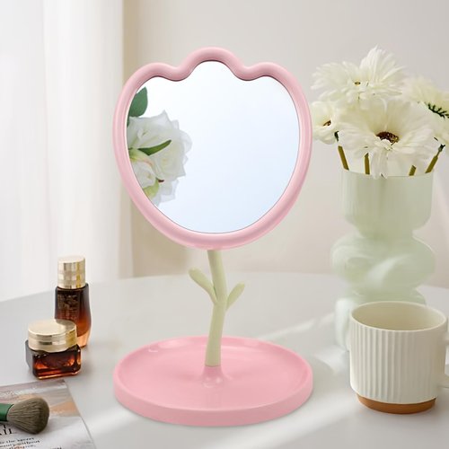 LIYAZHIL Flower Shaped Desk Mirror with Tray Adjustable Angle Tabletop Vanity Makeup Mirror for Home Decoration