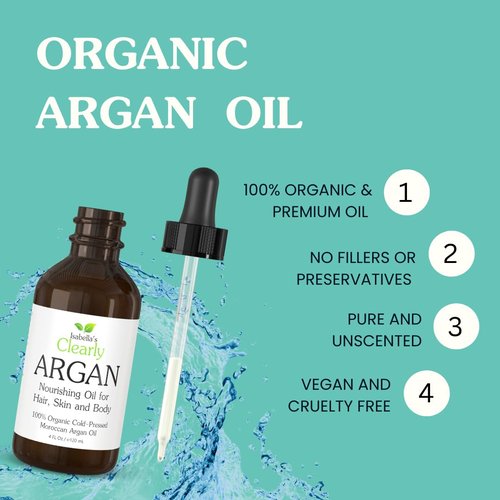Isabella's Clearly ARGAN Oil for Hair | 100% Pure Organic Cold Pressed Oil of Morocco for Hair Mask, for Face, for Scalp | Virgin, Unrefined, In Glass Bottle, Packed in USA (Bulk 4 oz)