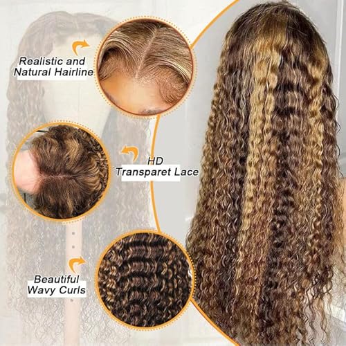 22 inch Highlight Ombre Lace Front Wig Human Hair 13x6 HD Honey Blonde 4/27 Deep Wave Lace Frontal Wigs Human Hair 200% Density Pre Plucked for Women