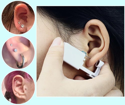 VitaCool Ear Piercing Kit Disposable Ear Cartilage Piercing Gun Kit with Sterile Multi-Sized CZ Studs Easy and Safe Earring Self for Yourself Use at Home (Style D-4mm-3Mix-S)