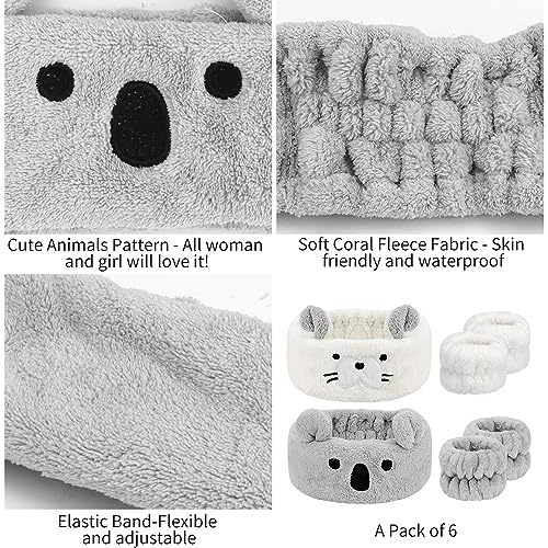 AHONEY Face Wash Headband and Wristband Set, Cute Makeup Spa Skincare Headbands Wrist Bands for Washing Face Headband for Women Girls Elastic Animal Hair Band (White&Grey)