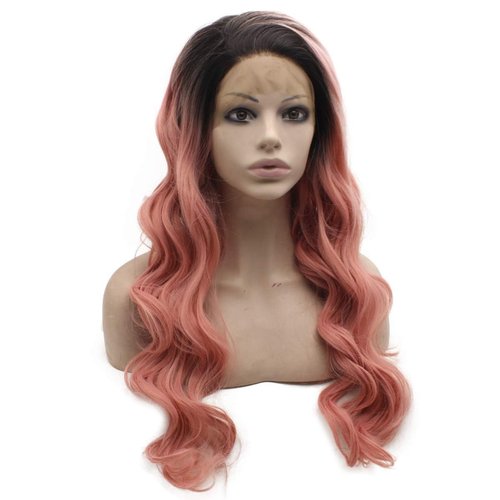MX angel Long Wavy Half Hand Tied Synthetic Lace Front Dark Root Pink Wig