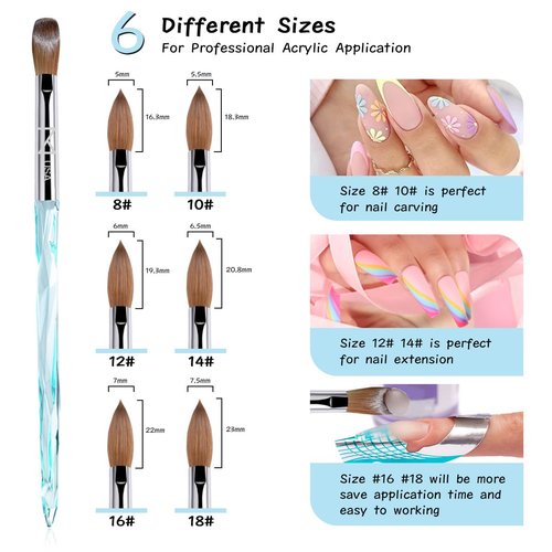 M ProK 100% Kolinsky Acrylic Nail Brush – Professional Nail Brush for Acrylic Application with Crystal Blue Handle – Handcrafted Salon Quality Tool (Size #12)