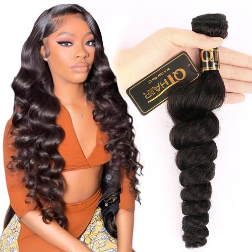QTHAIR 16A Grade Premium Loose wave Brazilian Remy Human Hair Weaving Bundle, Brazilian Human Hair Weave Bundles, Hair Weft Natural Color (#1b,100g,20 Inch)