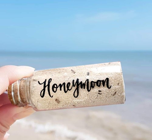 Hand Lettered Honeymoon Sand Keepsake Jar, Travel Gift for Newlywed, Bridal Shower, Wedding Registry Ideas - 40ml Glass