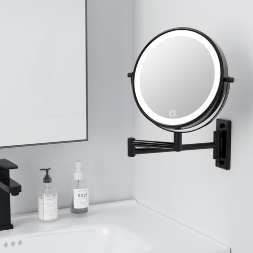 LANSI Wall Mounted Makeup Mirror with Lights, 8" Bathroom Vanity Magnifying Mirror Wall Mount with 1X/10X Magnification and Extendable Arm,Black