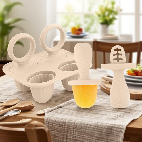 Silicone Popsicle Molds, Mini Breastmilk Popsicle Molds with Sticks, Frozen Breast Milk Teether Popsicle Maker Ice Pop Molds for Infant Feeding Spoon (2Set-Beige)