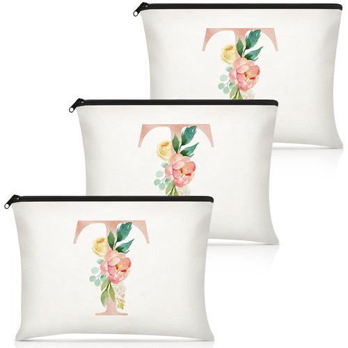3 Pieces Floral Initial Makeup Bag Wedding Bridal Makeup Bag Cosmetic Canvas Bag Monogrammed Gifts for Women Teacher Birthday Mother's Day Wedding Bridal Shower, 9 x 6 Inches (T Style)