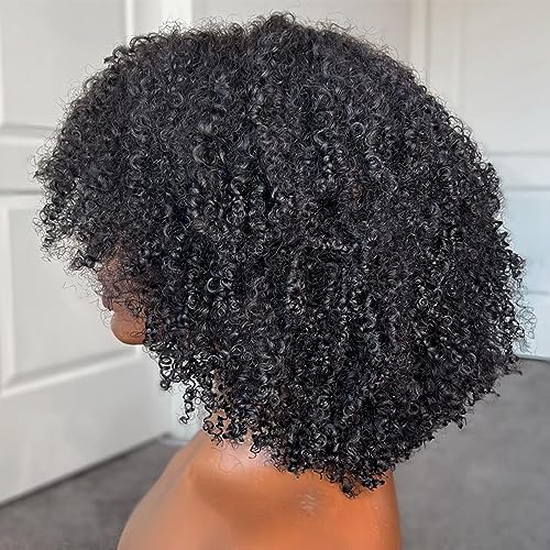 Afro Kinky Curly Wig with bangs Glueless Scalp Top Full Machine Made Human Hair Wigs for Black Women 200Density Kinky Curly Brazilian Human Hair Wig 16inch Natural Color