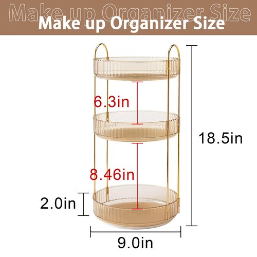 shuang qing Rotating Makeup Organizer for Vanity, High-Capacity Skincare Clear Make Up Storage Perfume Organizers Cosmetic Dresser Organizer Countertop 360 Spinning (Gold, 3 Tier)