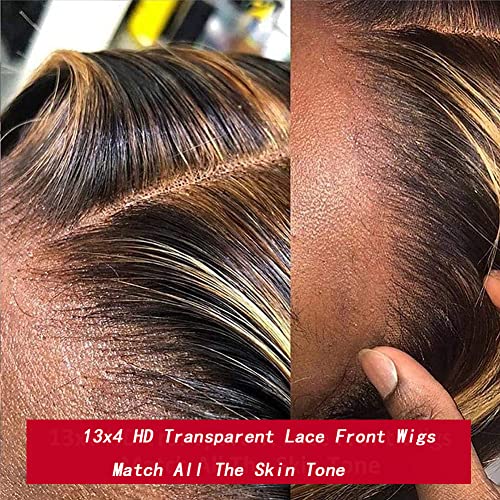 Highlight Ombre 13x4 HD Lace Front Wig Human Hair Pre Plucked Transparent 4/27 Honey Blonde lace frontal Wigs with Baby Hair 150% Density Colored Body Wave Lace Front wig Human Hair 30 Inch