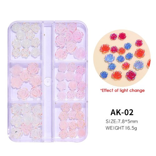 2 Boxes 3D Flower Nail Charms for Acrylic Nails, 12 Grids 3D Nail Art Flowers, Light Change Spring Summer Acrylic Flowers for Nails with Pearls Manicure DIY Nail Decorations (Camellia)