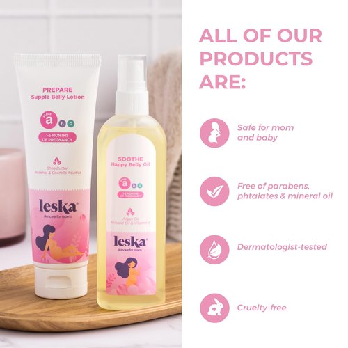 Leska Maternity Lotion & Oil | STAGE A: PREPARE & SOOTHE Supple Belly Lotion & Happy Belly Oil (Pregnancy Months 1-5) | Part of a Complete 3-Stage Pregnancy Skincare System | New Mom Gifts (4-4.22oz)