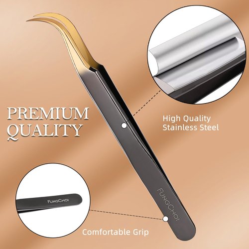 FungChoi 5pcs Eyelash Extension Tweezers, High Precision Lash Tweezers Scissors Set, Straight and Curved Eye Lash Tweezers for Extensions, with Storage Box