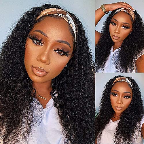 WENYAN Deep Wave Headband Wig Human Hair 26 Inch Wigs for Black Women Glueless None Lace Front Curly Wave Wig Brazilian Virgin Hair Wear and Go Wigs Machine Made 150% Densitys Natural Color