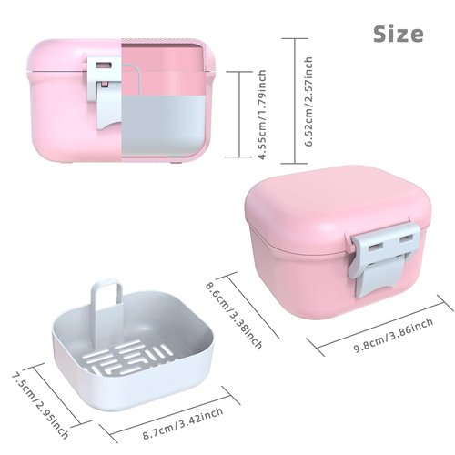 ARGOMAX Leak Proof Denture Bath Cup, Portable Soaking Denture Box, Denture Bath Case with Strainer, for Dentures and Braces (Pink + White).