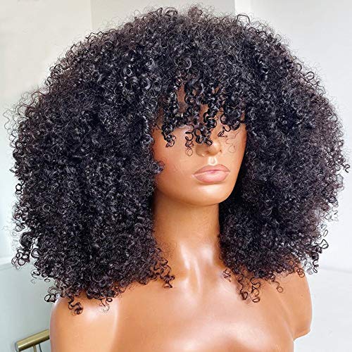 Afro Kinky Curly Wig With Bangs Full Machine Made Scalp Top Wig 200 Density Brazilian Short Curly Human Hair Wigs Natural Color 18 Inch