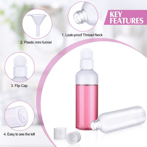 Gandeer 50 Piece 3.4 oz Travel Bottles Set Clear Plastic Refillable Squeeze Bottles with Flip Cap Dispensers and 2 Funnels for Travel-size Liquid Cosmetics(Clear, White)