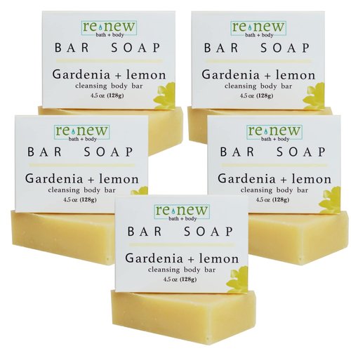 renew bath + body Natural Bar Soap, Gardenia & Lemon, Handmade in the USA by Cold Process with a Moisturizing Oil Blend Infused with Shea Butter - 5 Pack, 4.5 ounce bars
