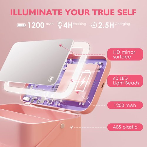 Bdjso Makeup Case with Mirror and Light - Portable Cosmetic Box Rechargeable with 3 Color Mode and DIY Partitions for Women Girls (Pink B)