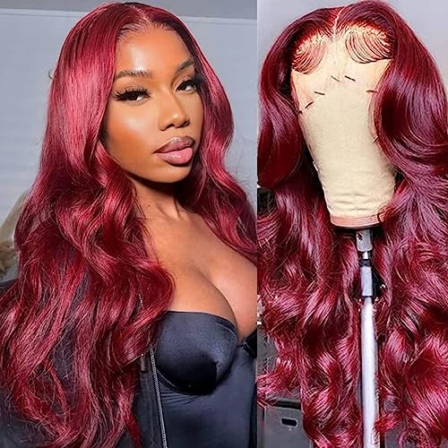 MUPRETTY 26Inch Body Wave Lace Front Wig - Burgundy, 13x4, 180% Density HD Lace Human Hair Wig for Women