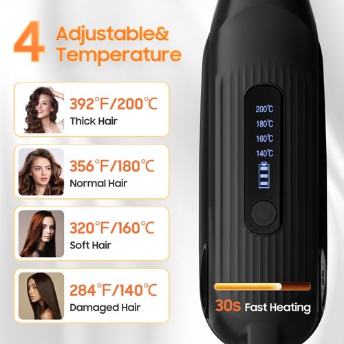 Cordless Hair Straightener, Portable Flat Iron for Travel, 2 in 1 Hair Styling Tools for straightening and Curling, Lightweight on-The-go, 4000 mAh Battery, Fast USB-C Charging (Black)