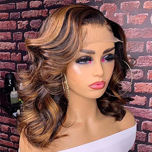 1B 30 Ombre Color Body Wave Short Bob Highlight Wig Short Loose Wavy 13x6 HD Transparent Lace Frontal Human Hair Wig with Baby Hair Bleached Knots Glueless Brazilian Virgin Human Hair Wigs for Women