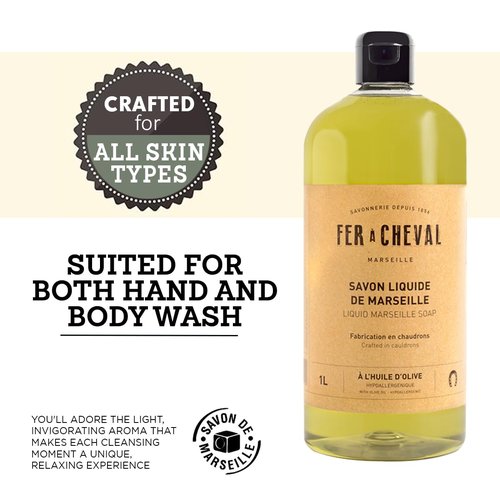 Fer à Cheval Olive Oil Marseille Liquid Soap 1L/33.81 fl oz - Hypoallergenic, Natural Ingredients, Eco-Friendly Body & Hand Wash