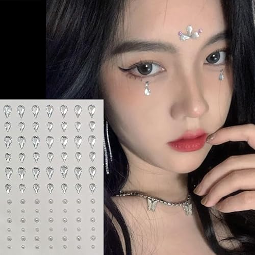 Face Gems Self-Adhesive Water Drop Rhinestone Jewels Stickers for Makeup, Teardrop Stick-on Pearls Hair Gems for Women Festival, Hair, Eye, Nail, Body Decorations Accessory
