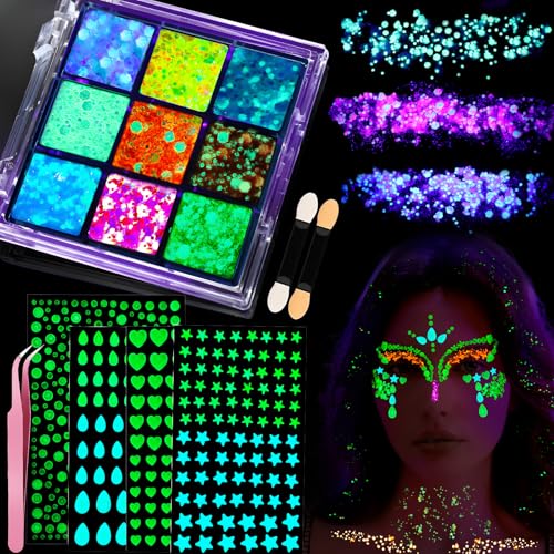 YGDZ Glow in The Dark Body Glitter, Face Glitter Gel, Mermaid Face Gems Kit, Hair Glitter Jewels for Makeup, Festival Outfits for UV Black Light Party, Rave Accessories for Women