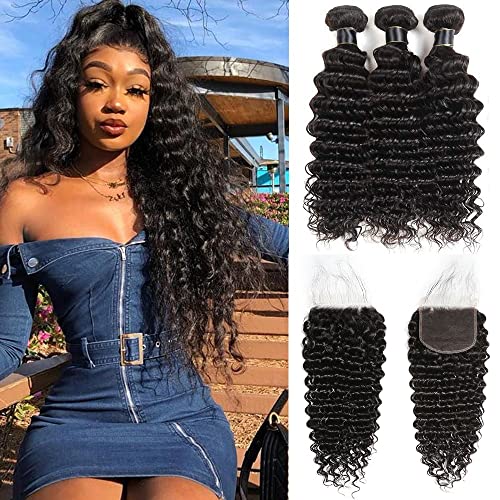 Deep Wave Bundles with Closure Human Hair (20 22 24+18) 10A Wet and Wavy Human Hair 3 Bundles with 4x4 Free Part Lace Closure 100% Unprocessed Human Hair Pre Plucke with Baby Hair Natural Color