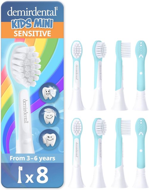demirdental Kids mini Toothbrush Heads Compatible with Philips Sonicare Kids Toothbrush Heads - Replacement Heads mini Sensitive - Brush Heads from Ages 3 to 6 - Turquoise - Replaces HX6038-8 Pack