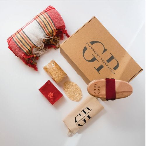 GP All Natural Lymphatic Drainage Set, Dry Brushing Body Brush, Natural Loofah Facial Disc, Turkish Peshtemal Towel, Cinnamon Pumpkin Loofah Soap and Naturally Scented Anti Bacterial Red Soap Bar.