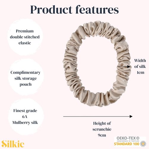 SILKIE Bundle of Skinny Scrunchies 100% Pure Mulberry Silk Black Brown Dark Colors Hair Ties Elastics Care Ponytail Holder No Damage