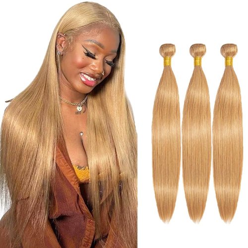 14 14 14 Inch #27 Honey Blonde Bundles Human Hair Straight 3 Bundles Brazilian Remy Hair 50 Grams/Bundle 10A Grade Unprocessed Virgin Hairs Blonde Straight Bundle Weaves Extensions