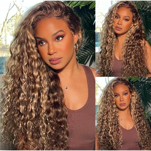 30 Inch Honey Blonde Lace Front Wigs Human Hair 13x6 Highlight Ombre Deep Wave Lace Front Wig Human Hair 4/27 Glueless Deep Wave Human Hair Wigs Pre Plucked with Baby Hair for Women