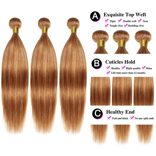Light Brown Bundles Highlight Straight Bundles Human Hair P27/30 Highlight Honey Blonde Human Hair Bundles Silky Soft Remy Hair Highlight Honey Blonde Bundles Hair Weave 14 16 18 inch