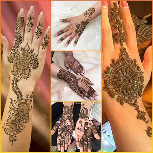 Temporary Tattoo kit£¬4Pcs Tattoo Cones,100% Natural Ready to Use Black Tattoo Paste, India Body DIY Art Painting for Women Men Kids with 20 Adhesive Stencils, 1 Bottle, 4Nozzles