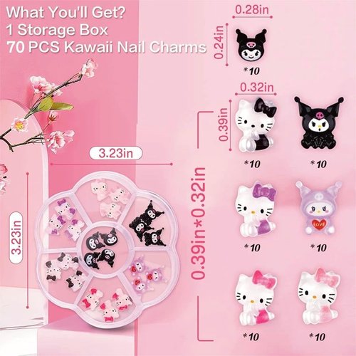 70Pcs for Kitty San-Rio Cute Nail Charm Kawaii Nail Charm Skateboard Nail Charm Flat Background Resin Charm 70 3D Nail Charm Nail Decoration Products for Halloween Decoration (Cute Nail Charm)
