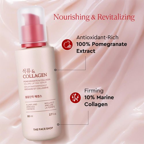 The Face Shop Pomegranate & Collagen Volume Lifting Serum - Helps Skin Look Firm & Supple - Reduces Fine Lines & Wrinkles - Improves Elasticity - Hydrating Lightweight Face Serum - Korean Skin Care