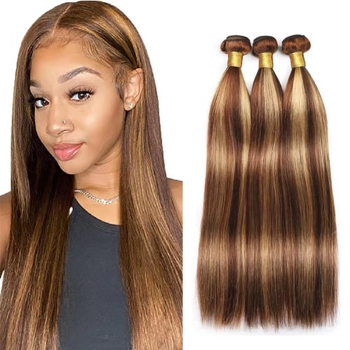 P33/27 Highlight Blonde Bundles Human Hair Straight Bundles 18 20 22 Inch 3 Bundle Unprocessed Brazilian Virgin Hair Reddish Brown Straight Human Hair Extensions 50 Gram Per Bundle