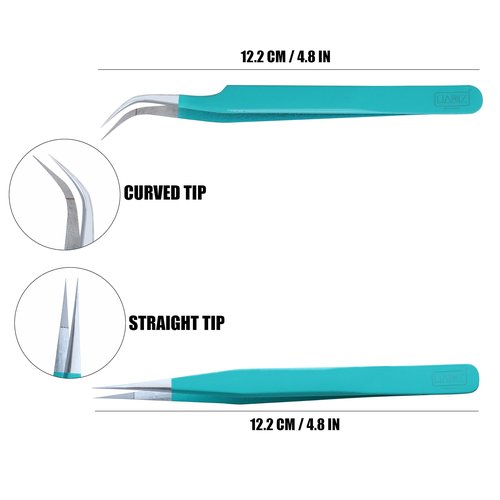 HADIZ Fiber Tip Eyelash Extension Tweezers Volume Lash Tweezer Staright & Curved Pack of Two (turquise)