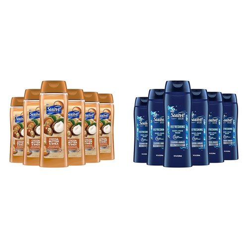 Suave Body Wash Bundle - Cocoa Butter Shea and Men's Cedarwood Mandarin Scents, Vitamin E, 18 Oz Packs of 6