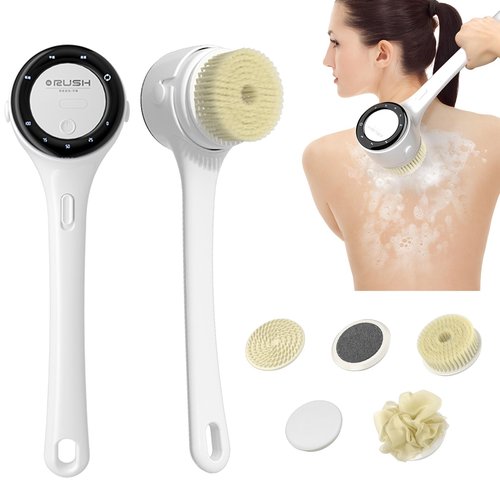 Electric Body Brush, 3 Speed Silicone Body Scrubber with LCD Display, 5in1 Back Scrubber for Shower, Waterproof Rotating Body Brushes, Rechargeable Bath Brush for Clean Exfoliate Massage (White)