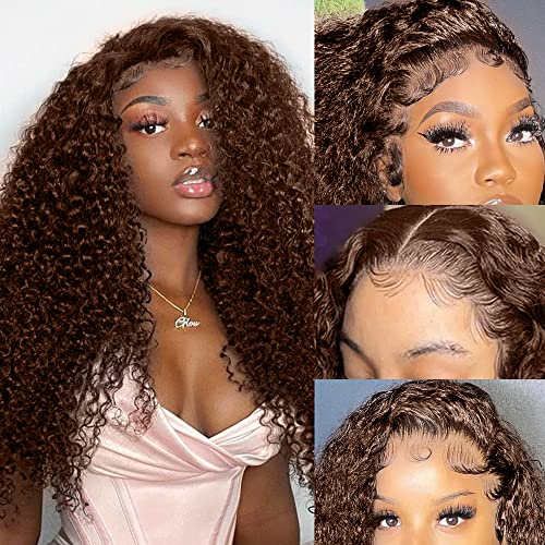 250% Density Mongolian Curly Lace Front Wigs Human Hair 13x6 Auburn Brown HD Transparent Lace Front Wigs Human Hair for Women With Baby Hair Chocolate Deep Curly Lace Frontal Wig