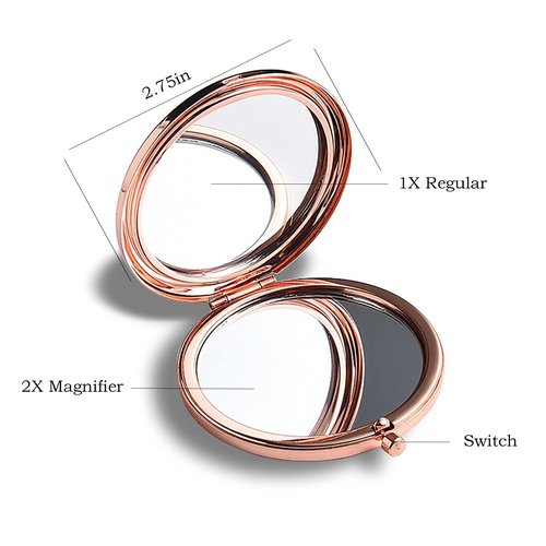 WOOYALIN Magnifying Compact Double-Sided 1X/2X Round Pocket Handheld Travel Makeup Portable Pocket Mirror Rose Glod