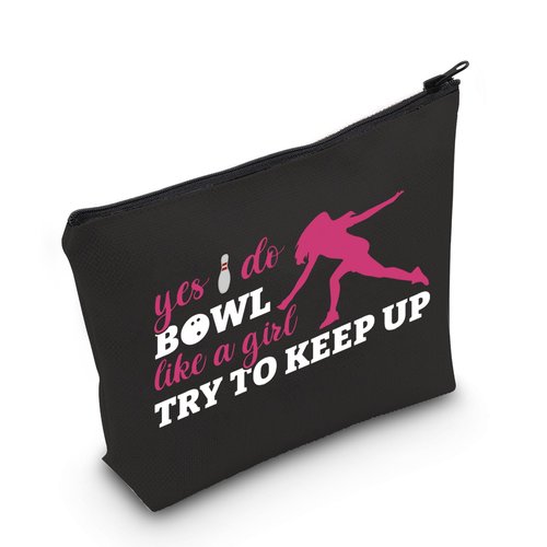 POFULL Bowling Gift Bowling Team Gift Yes I Do Bowl Like a Girl Try to Keep Up Cosmetic Bag Bowling Lover Gifts (Yes I Do Bowl black bag)