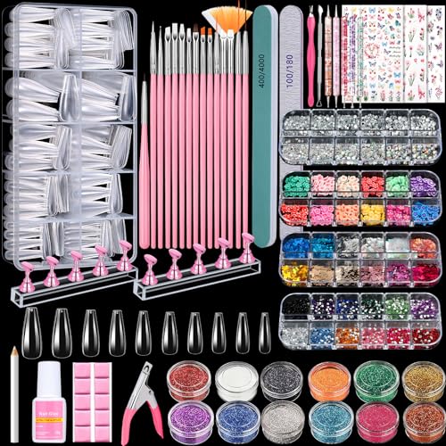 Acrylic Fake Nails Kit Press On Nail Kit with Clear Coffin Nail Tips Nail Display Stand Sequins Sticker Rhinestones Decorations Nail Glue Nail Clay Fine Glitter DIY Nail Art Tool and Supplies