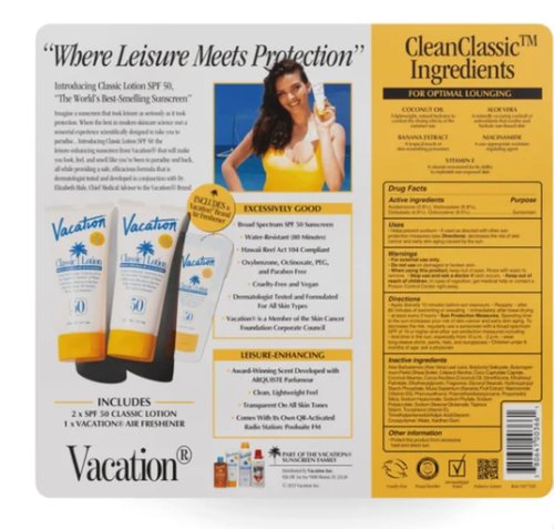Vacation Classic Lotion Broad Spectrum SPF 50, Dermatologist Tested, Light Weight, Transparent on all skin tones, Pack of 2 each contain 6 FL OZ Plus Vacation Brand Air Freshener