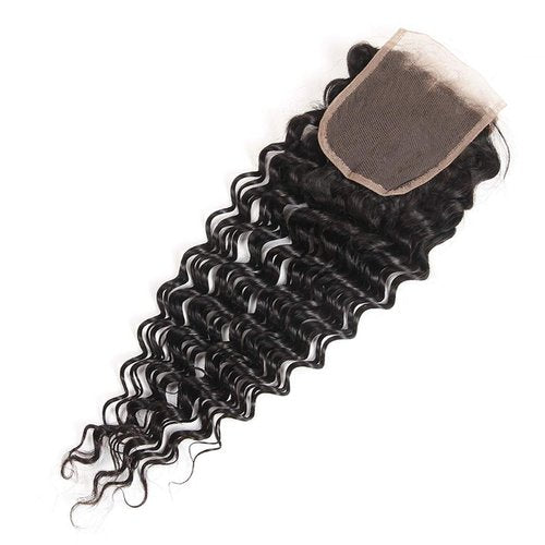 Deep Wave Closure Size 4"x4" 150% Unprocessed Brazilian Virgin Human Hair Bleached Knots Free Part Top Front Lace Closure Naturl Black Soft and Smooth (2102-DEEP-20B-4X4)